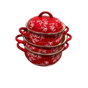 Temp-tations by Tara Red Floral Enamel on Steel Pot Set 5pc Stovetop Oven Safe